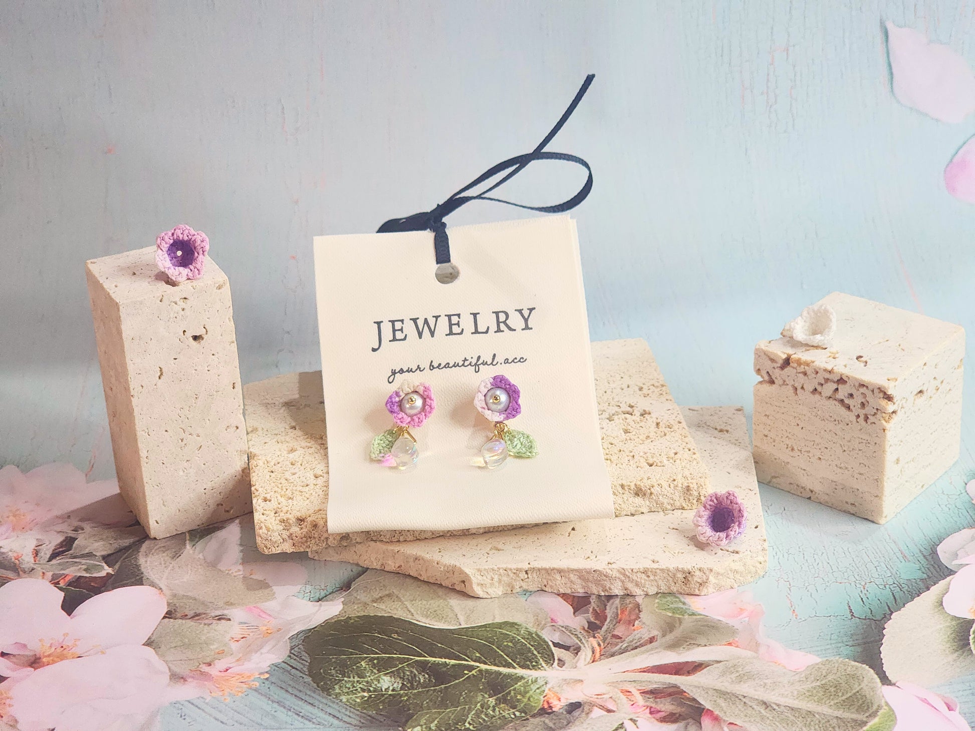 Handcrafted Purple-pink Lily of the Valley micro-crochet earrings with Miyuki glass beads from Japan.