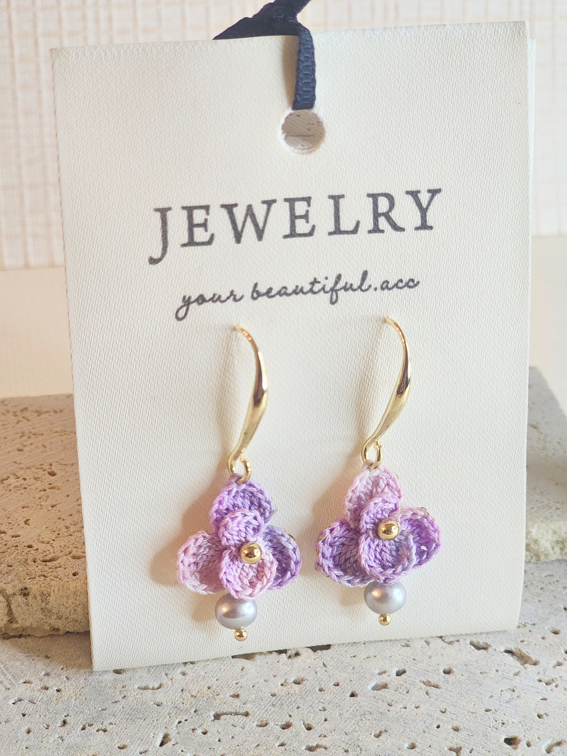 Purple Orchid mirco-crochet earrings adorned with 4.5-5mm smoke gray natural baroque pearls