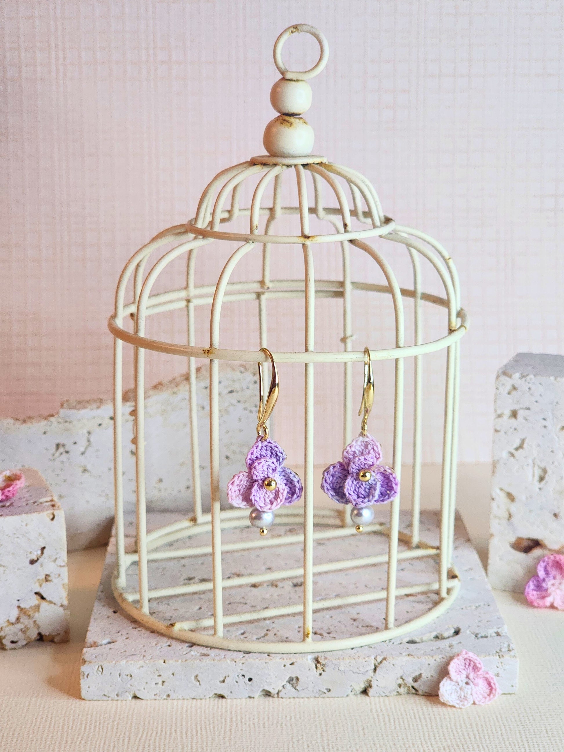 Purple Orchid mirco-crochet earrings adorned with 4.5-5mm smoke gray natural baroque pearls