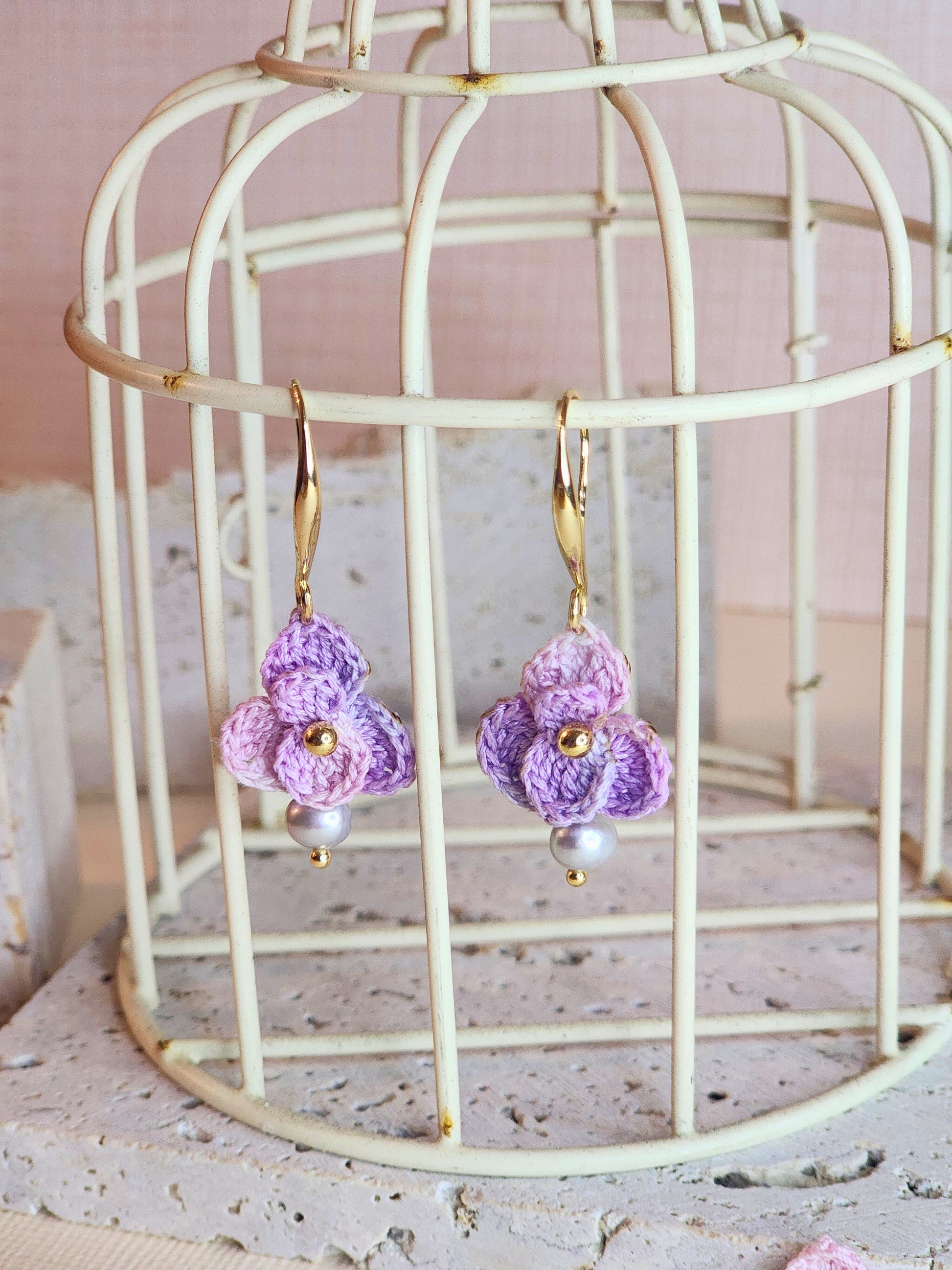 Purple Orchid mirco-crochet earrings adorned with 4.5-5mm smoke gray natural baroque pearls