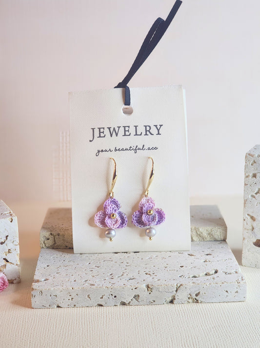Purple Orchid mirco-crochet earrings adorned with 4.5-5mm smoke gray natural baroque pearls
