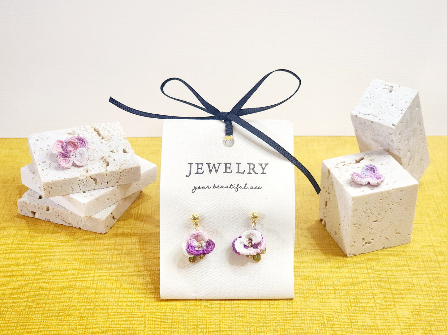 A pair of Purple Pansy with Gold-plated enamel leaves Micro-Crochet Earrings