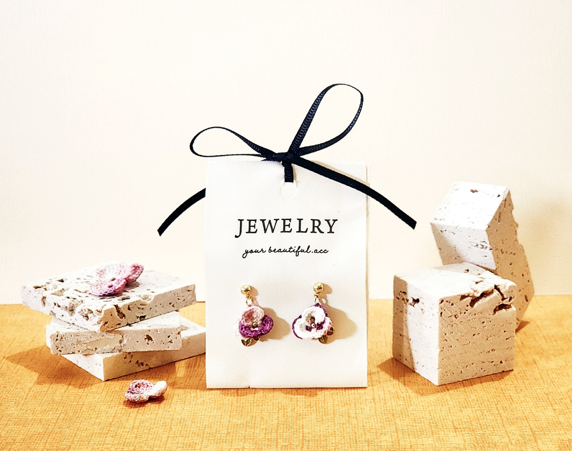 A pair of Purple Pansy with Gold-plated enamel leaves Micro-Crochet Earrings