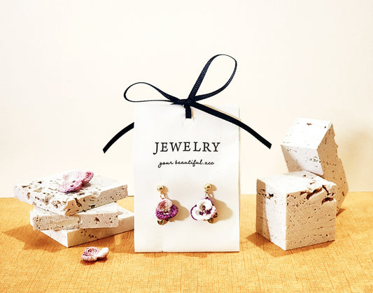 A pair of Purple Pansy with Gold-plated enamel leaves Micro-Crochet Earrings