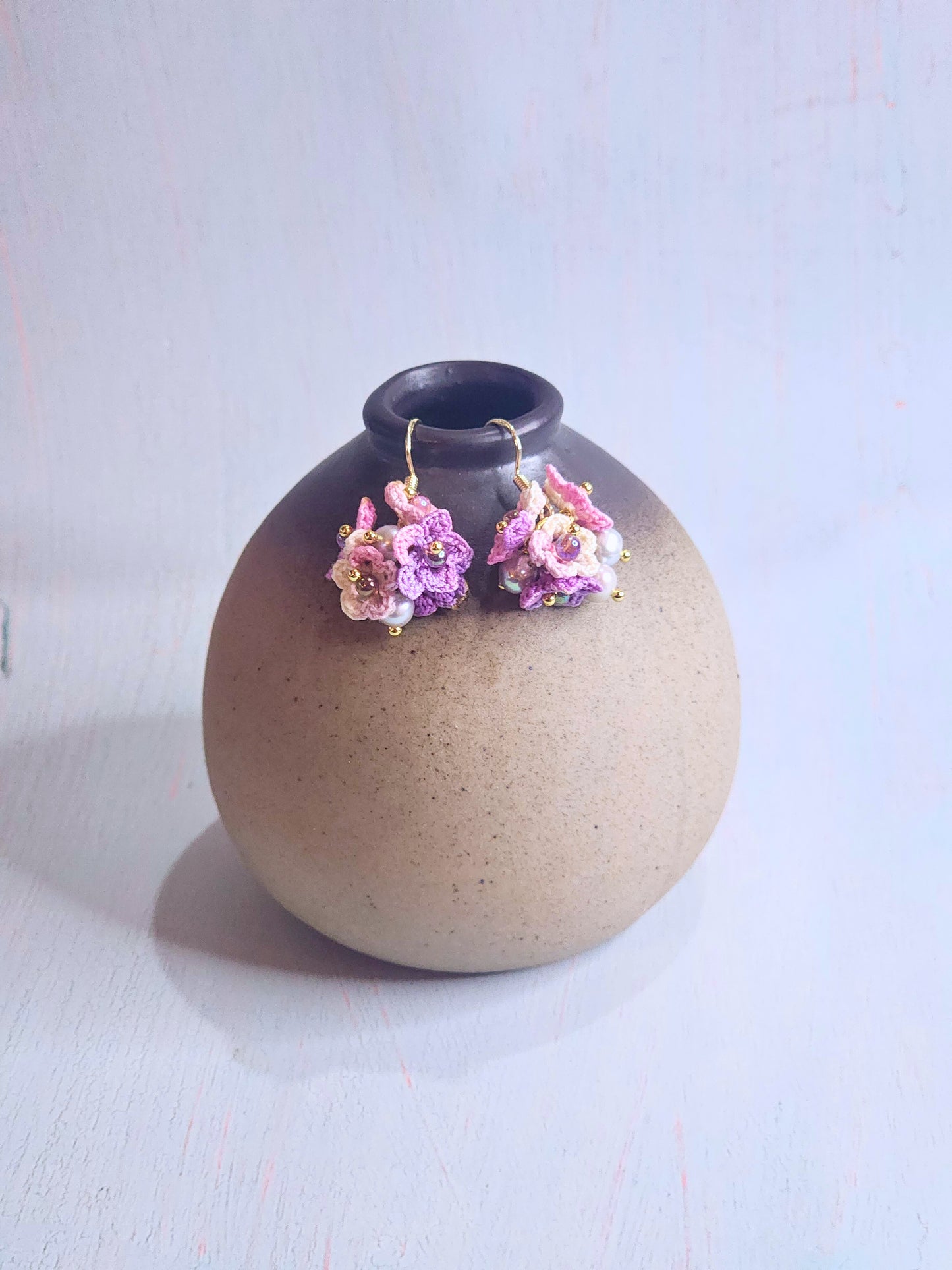 Handcrafted purple and pink micro-crochet star flower cluster with 4-5mm pearls earrings