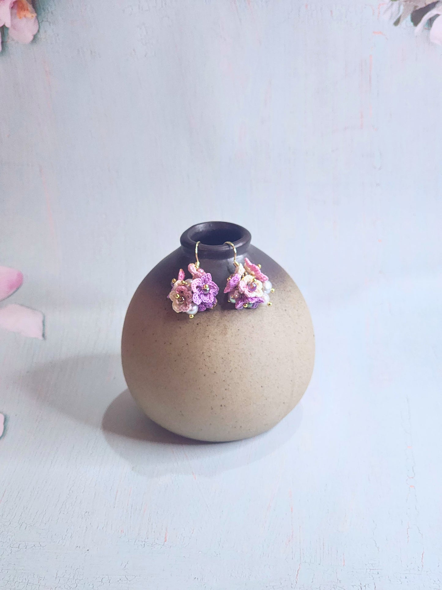 Handcrafted purple and pink micro-crochet star flower cluster with 4-5mm pearls earrings