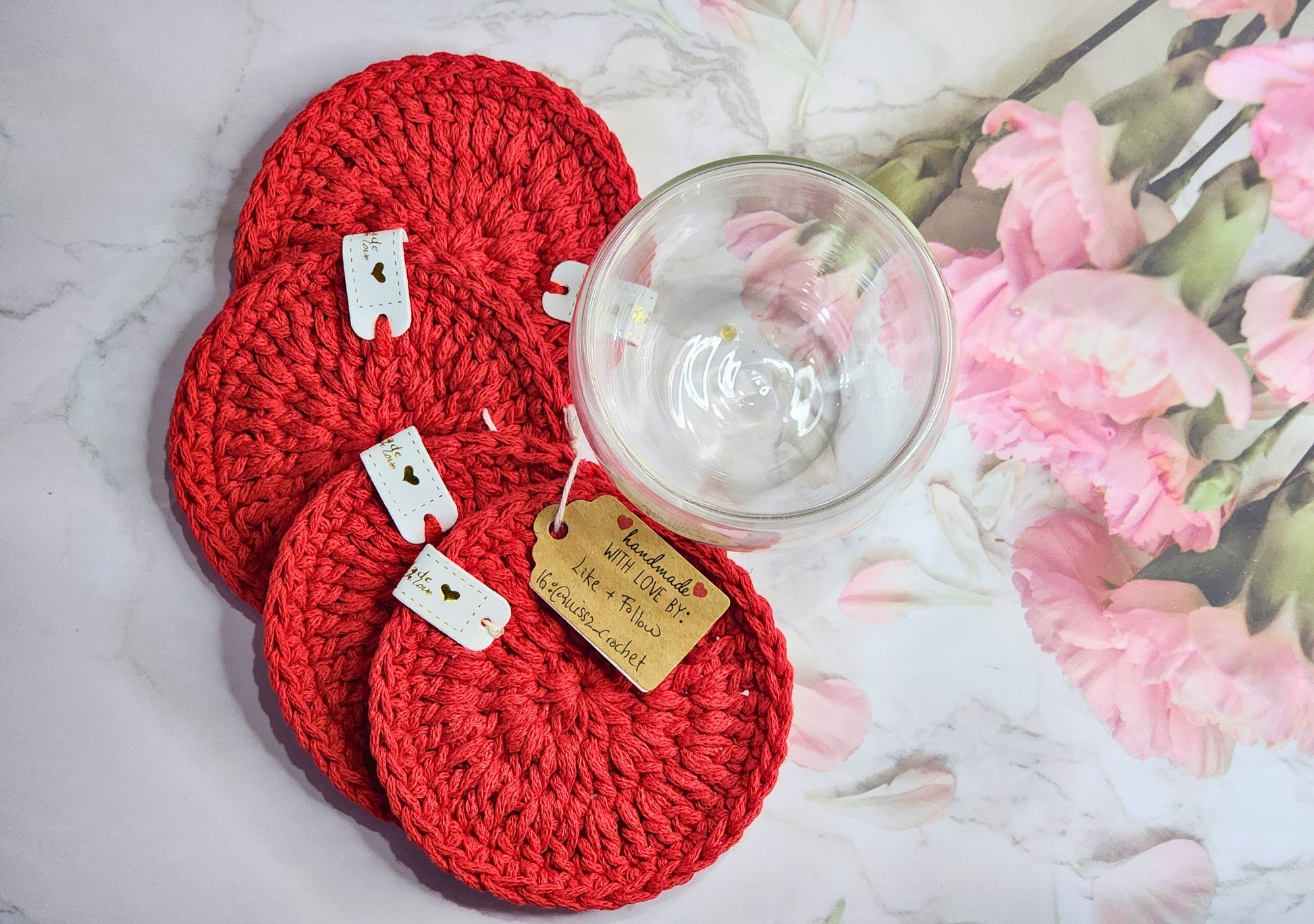 Set of 4 red polyester crochet coasters