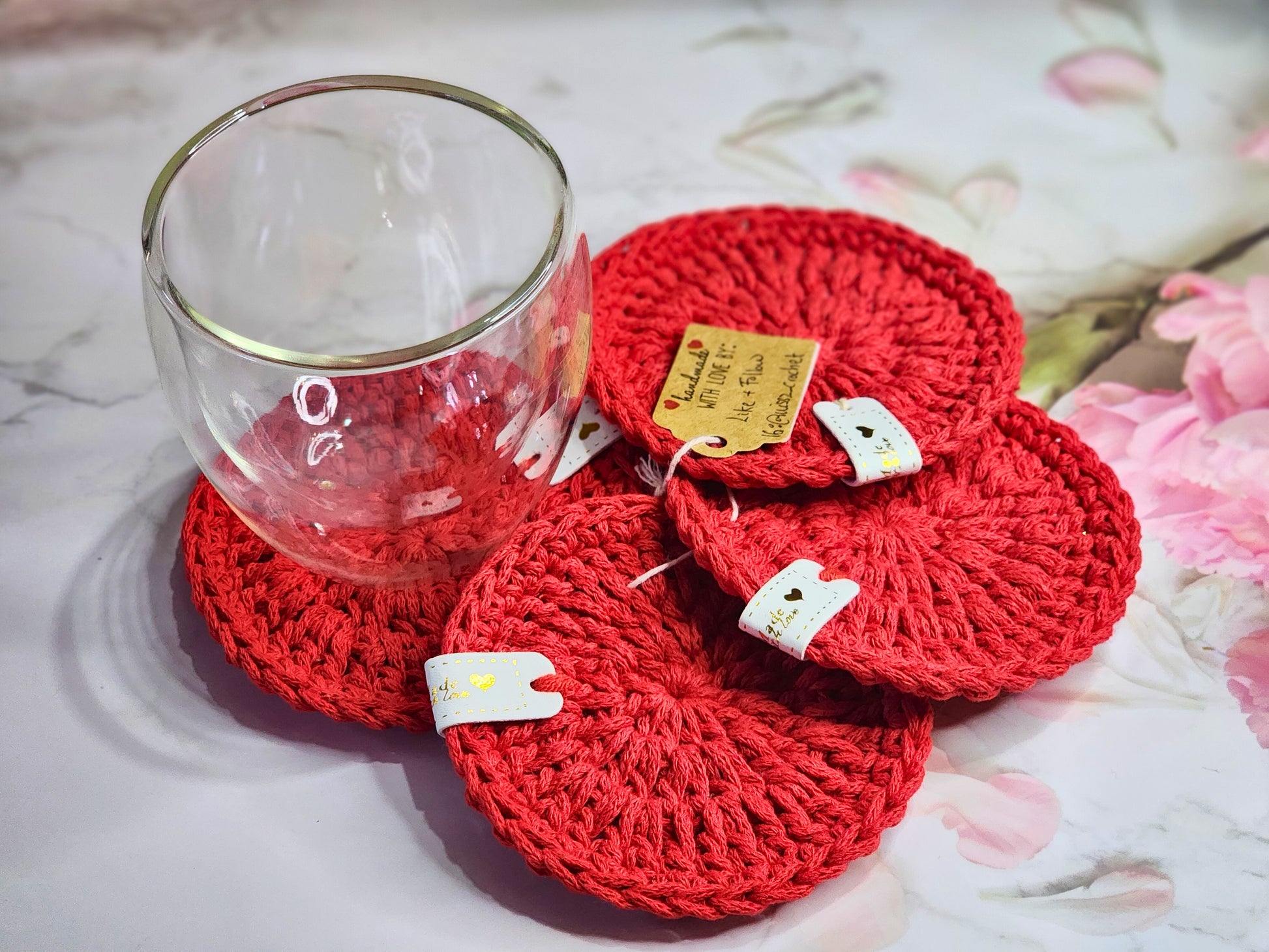 Set of 4 red polyester crochet coasters