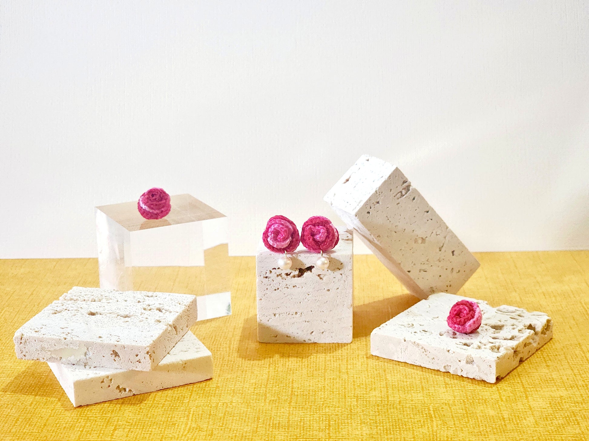 A pair of Rose with Freshwater Pearls Micro-crochet Earrings