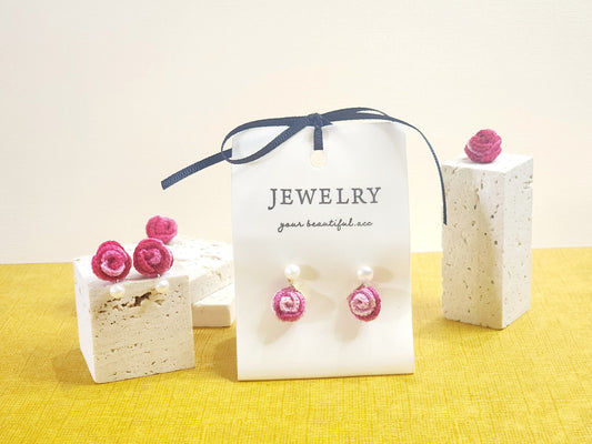 Rose with Freshwater Pearl & Gold-plated Leaf Micro-crochet Earrings