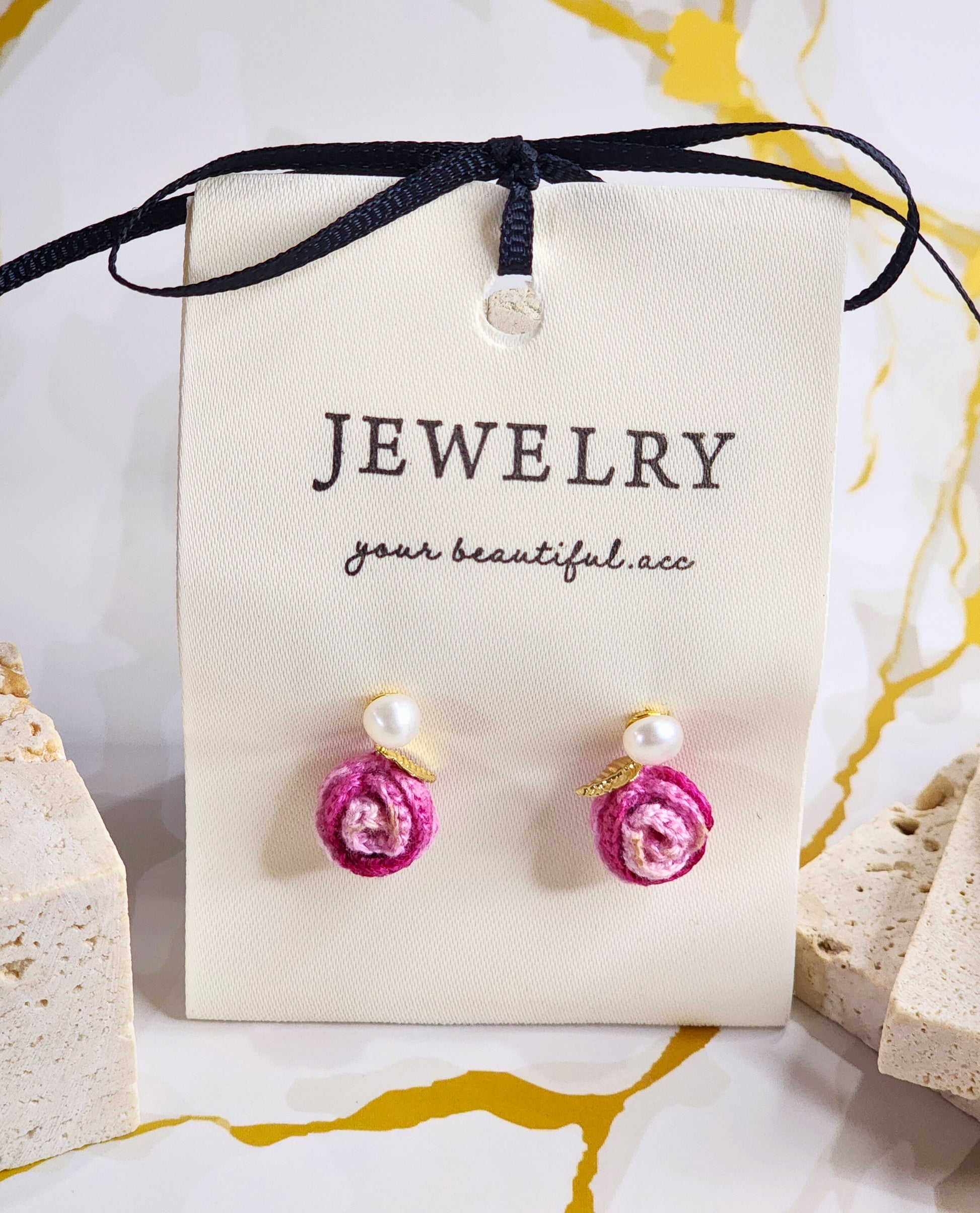 A pair of Rose with Freshwater Pearl & Gold-plated Leaf Micro-crochet Earrings