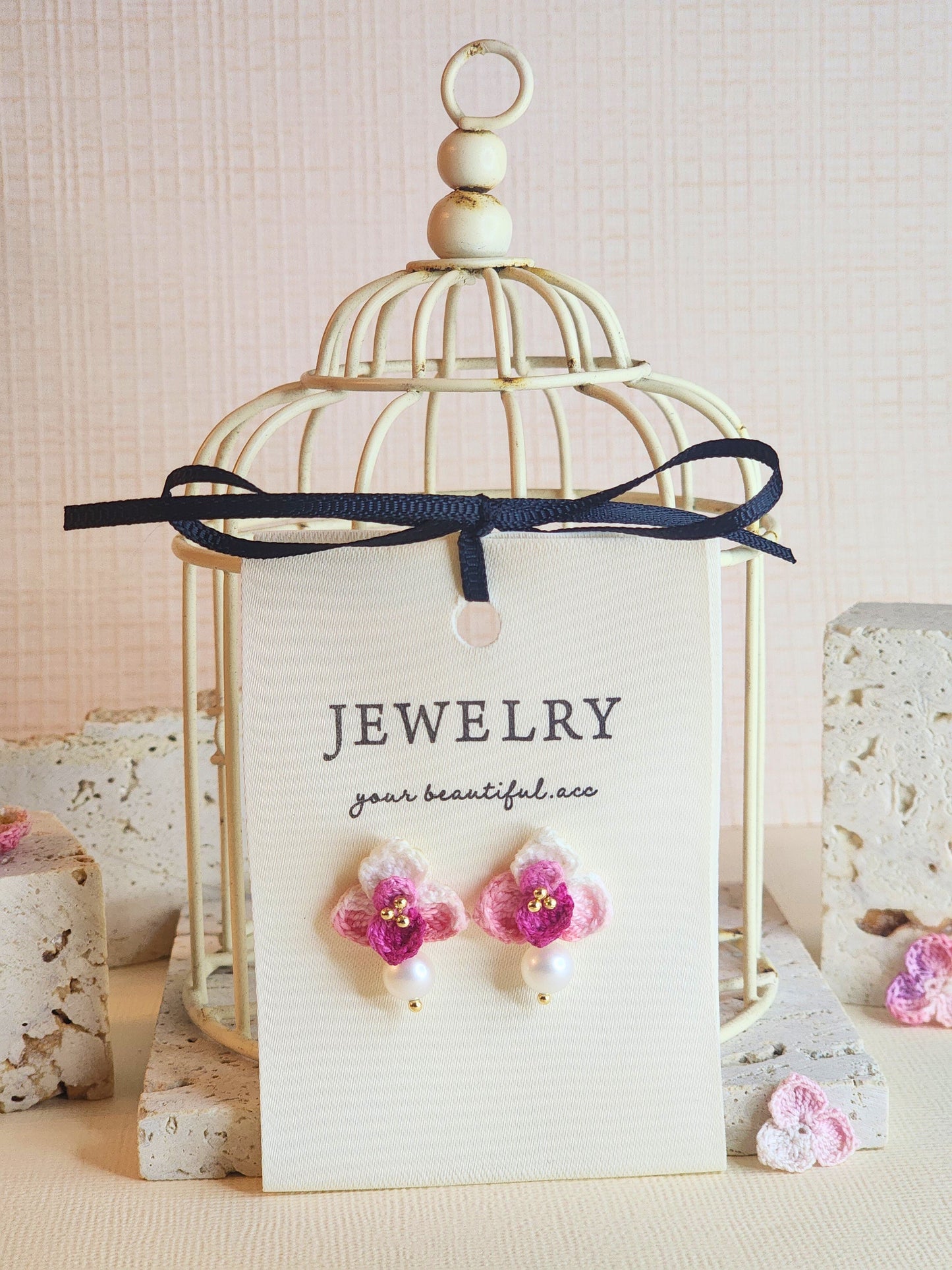 Dark purple-pink Orchid micro-crochet earrings adorned with 7-8mm flawless white natural freshwater pearls