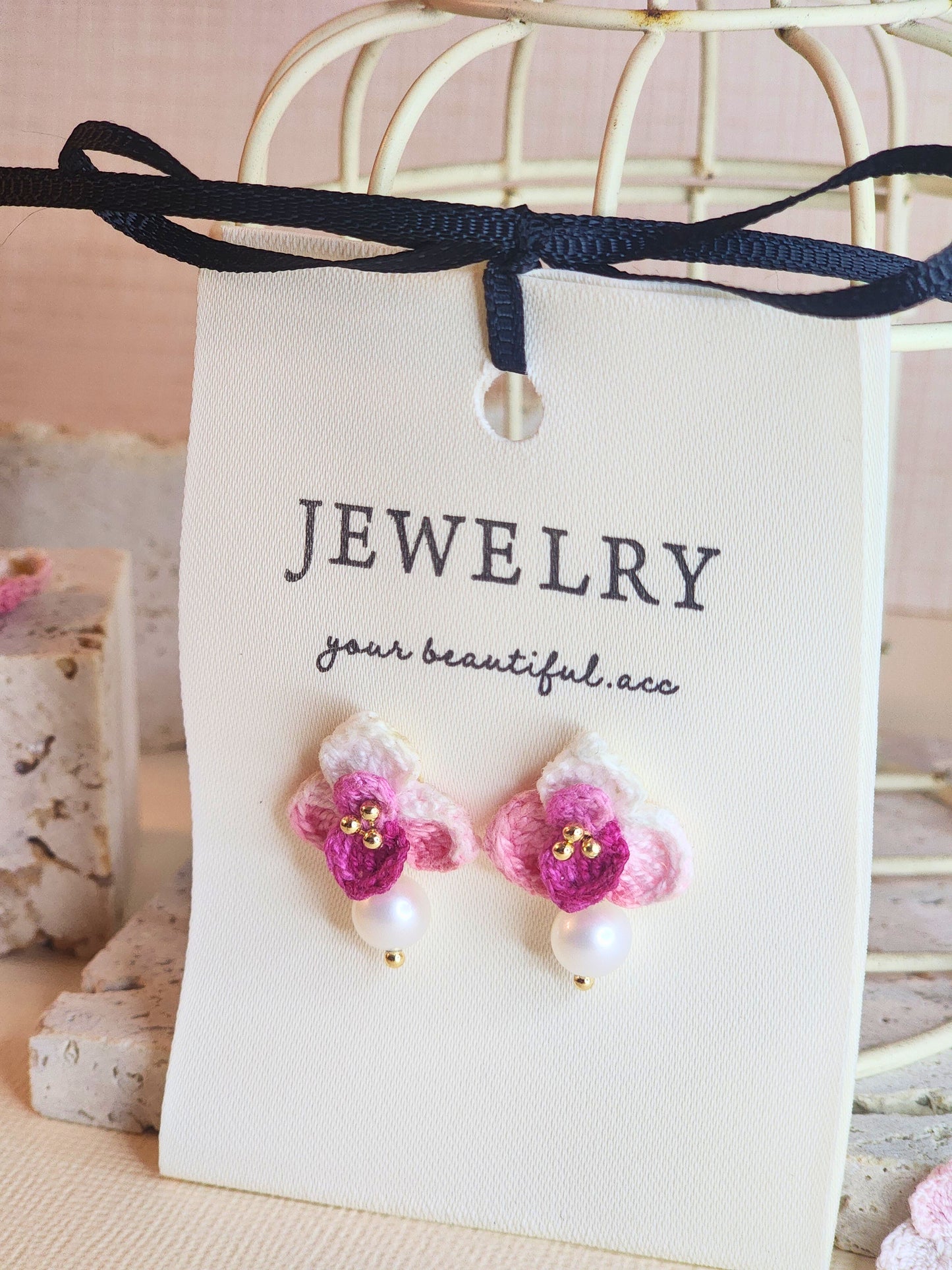 Dark purple-pink Orchid micro-crochet earrings adorned with 7-8mm flawless white natural freshwater pearls
