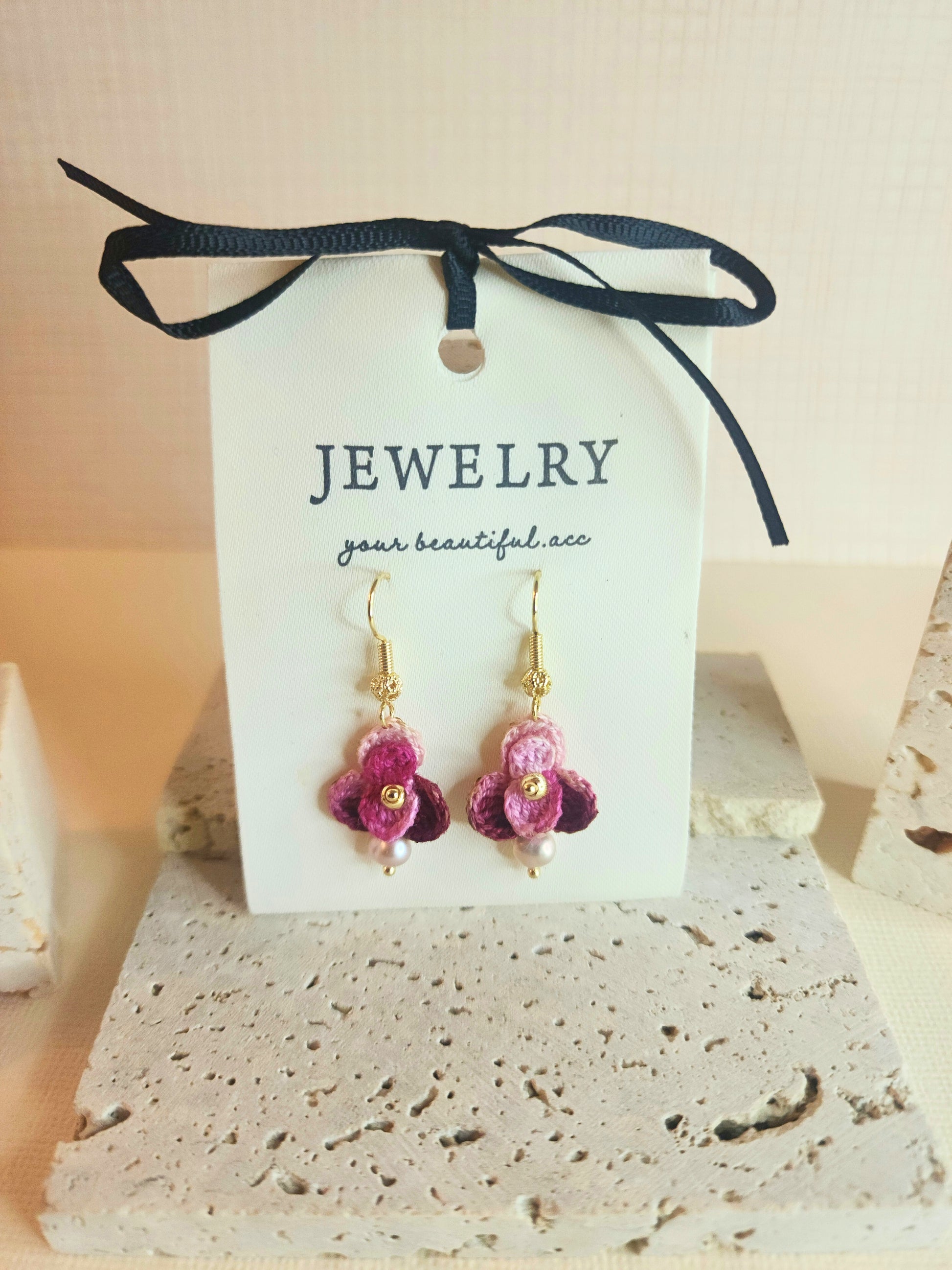 Singapore Orchid micro-crochet earrings adorned with pink-purple natural baroque pearls and paired with 18KGP findings & hook