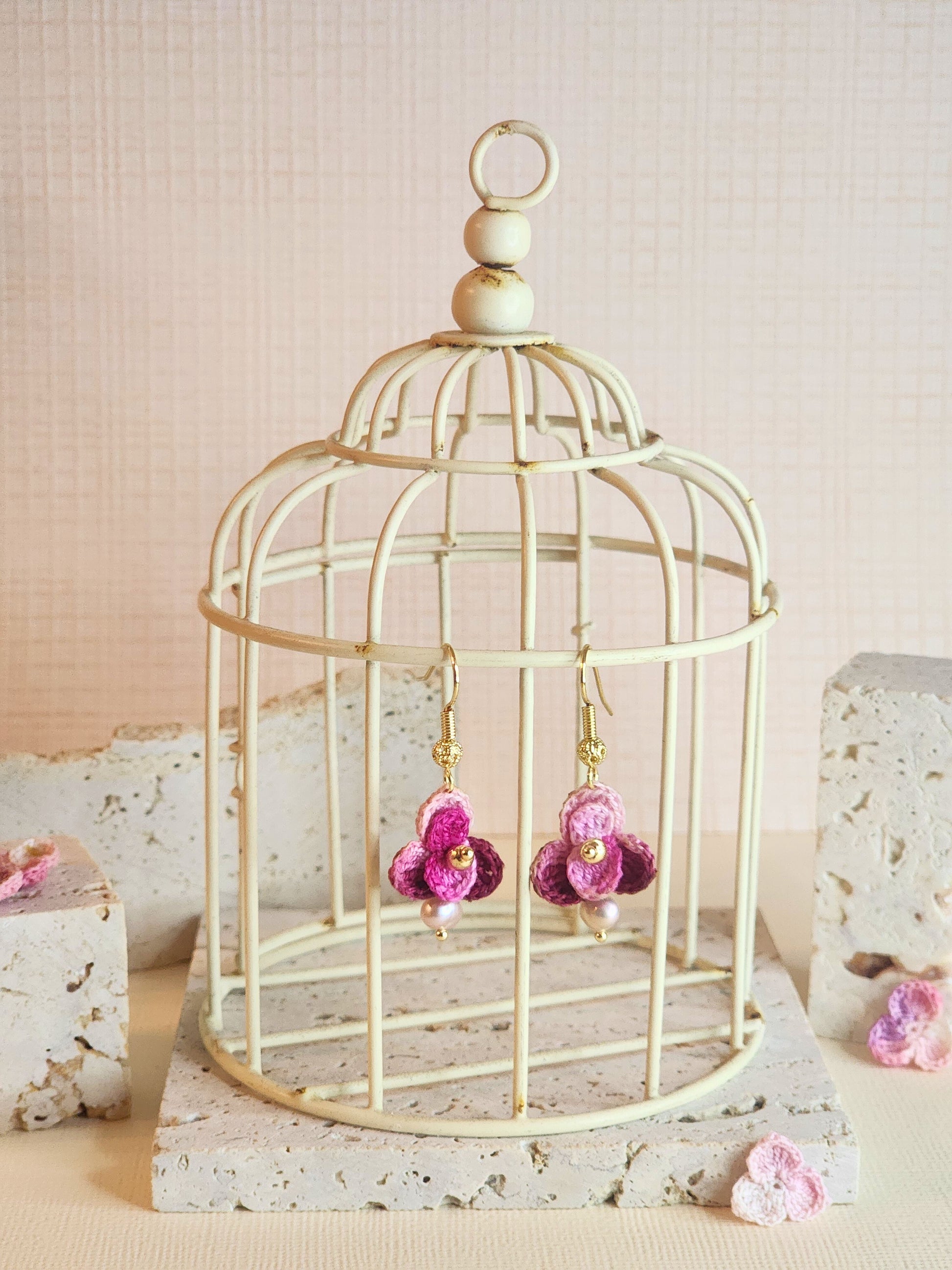 Singapore Orchid micro-crochet earrings adorned with pink-purple natural baroque pearls and paired with 18KGP findings & hook