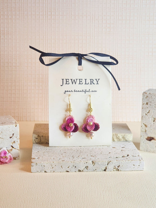 Singapore Orchid micro-crochet earrings adorned with pink-purple natural baroque pearls and paired with 18KGP findings & hook