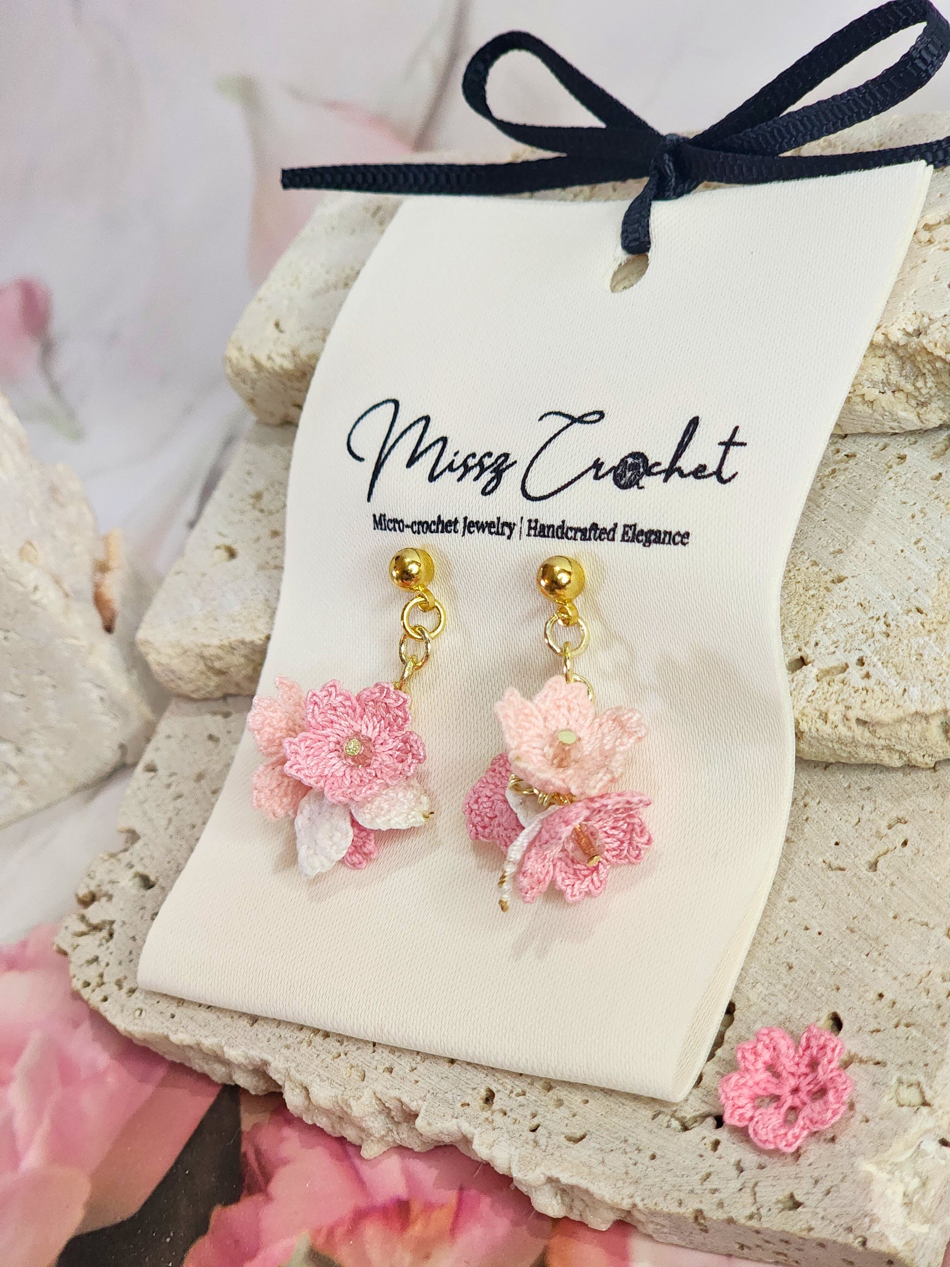 Handcrafted Trio of Sakura Blossoms Micro-crochet earrings accented with sparkling rose gold Czech crystals on 18K gold-plated ear studs