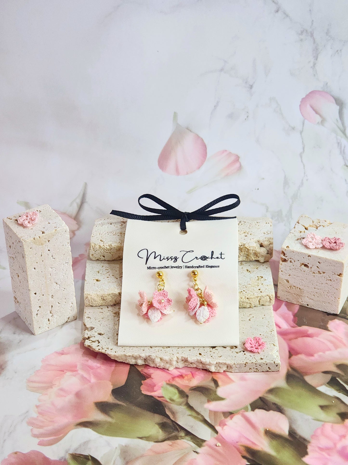 Handcrafted Trio of Sakura Blossoms Micro-crochet earrings accented with sparkling rose gold Czech crystals on 18K gold-plated ear studs