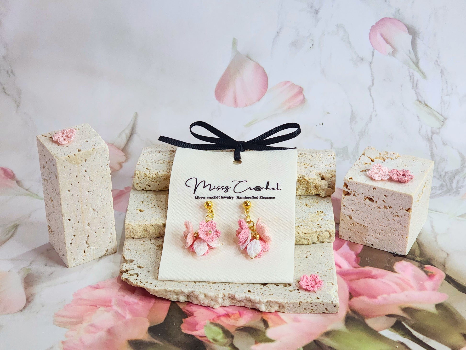 Handcrafted Trio of Sakura Blossoms Micro-crochet earrings accented with sparkling rose gold Czech crystals on 18K gold-plated ear studs