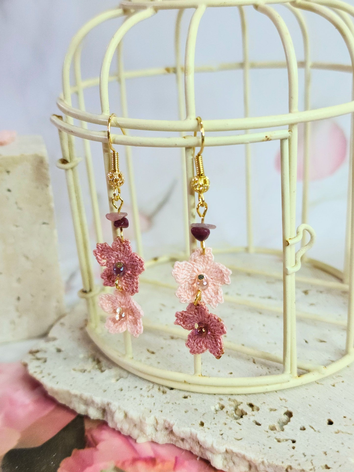 Handcrafted Sakura micro-crochet earrings accented with natural Tourmaline crystals & Miyuki glass beads on 18K gold-plated ear hooks
