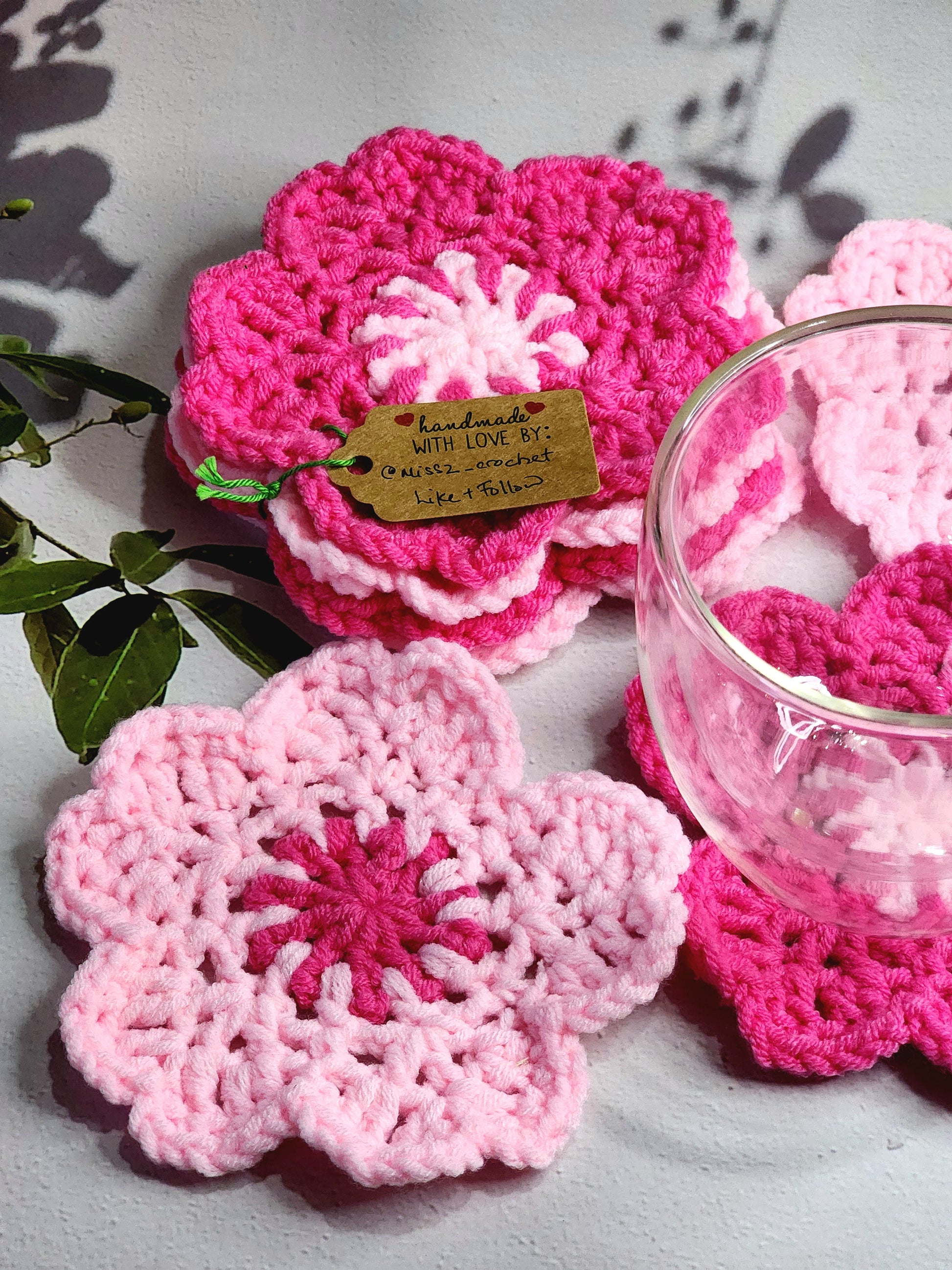 Set of 4 Sakura crochet coasters in two pink tones