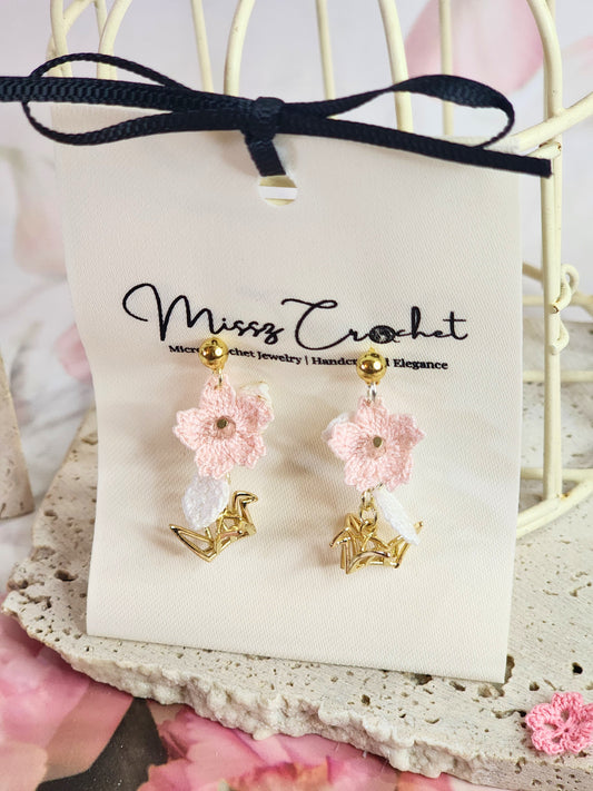 Handcrafted micro-crochet Sakura blossoms accented with Czech Crystals and gold-plated cranes on 18K gold-plated ear studs