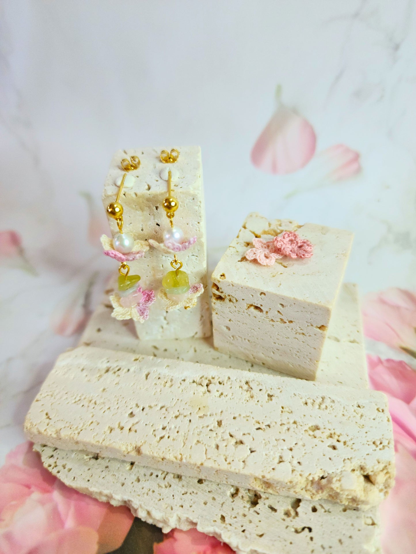 Graceful pair of handcrafted micro-crochet earrings featuring Sakura blooms crowned with pearls & morganite crystals on 18K gold-plated studs