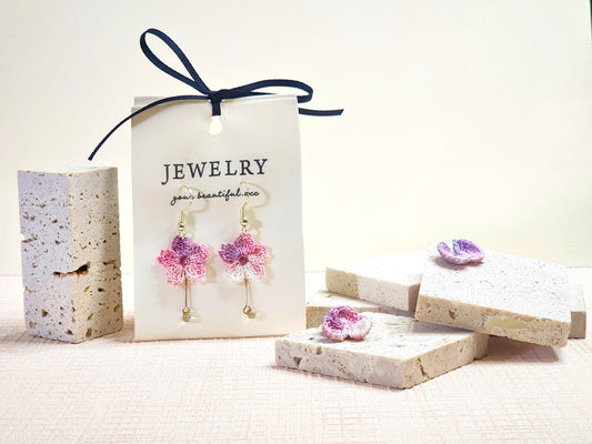 A pair of Sakura with Crystals & Beads Micro-crochet Earrings