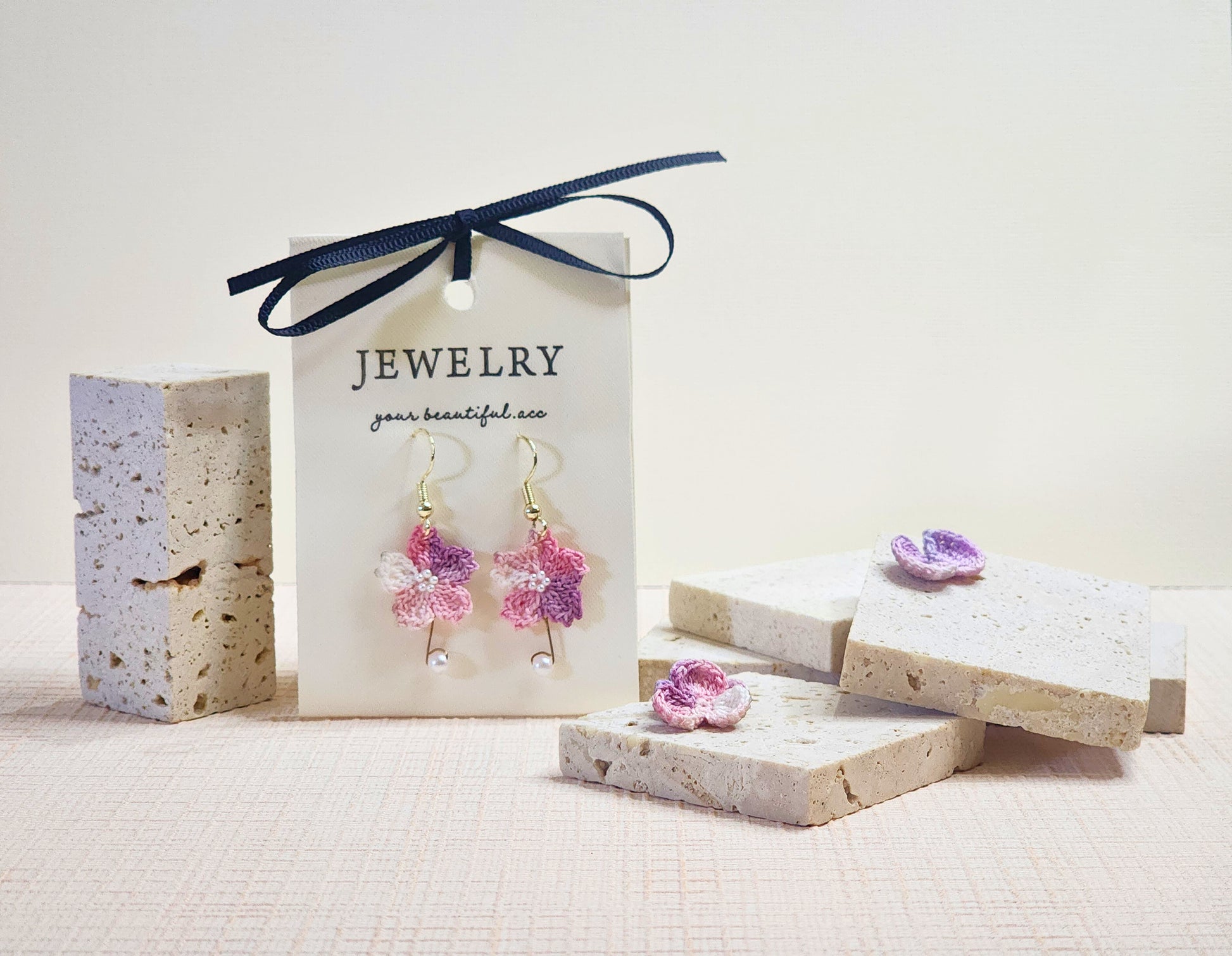 A pair of Sakura with Pearls Micro-crochet Drop Earrings