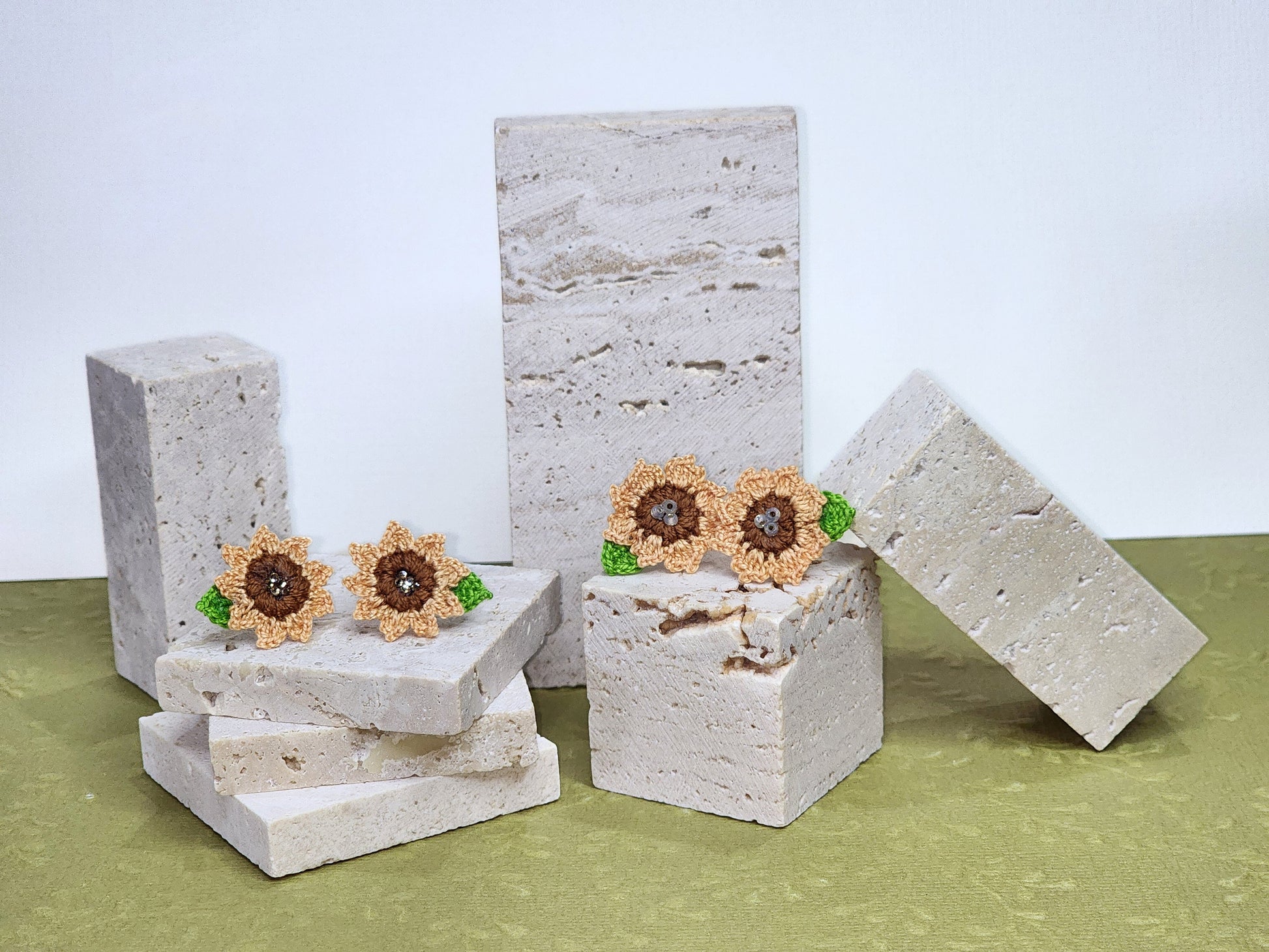 Two pairs of Sunflower with Swarovski Crystals Micro-crochet Earrings