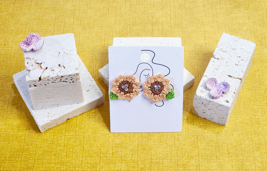 A pair of Sunflower with Glass Beads Micro-crochet Earrings