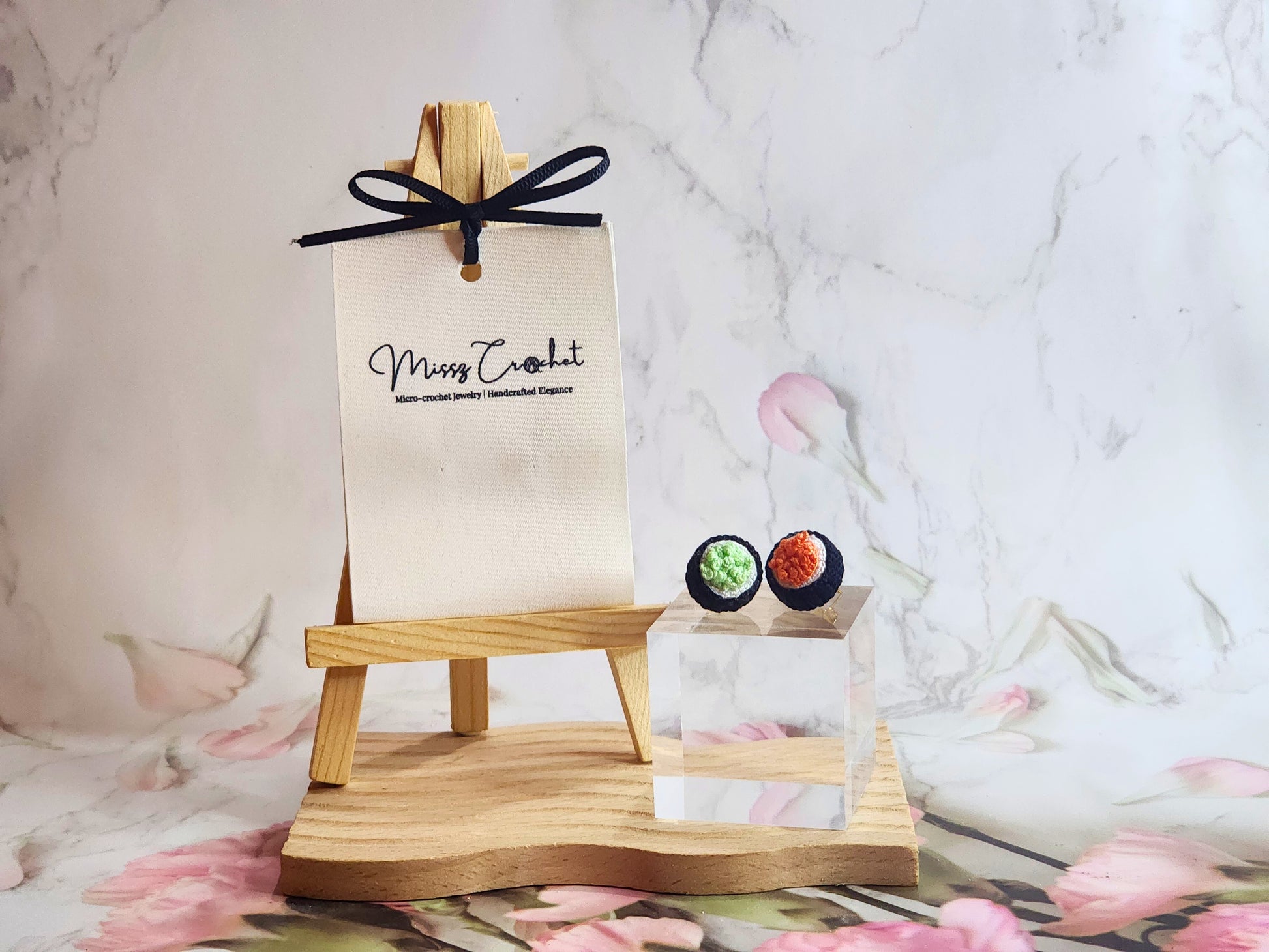 Handcrafted micro-crochet green & orange Tobiko Sushi earrings. 18K gold-plated ear studs.