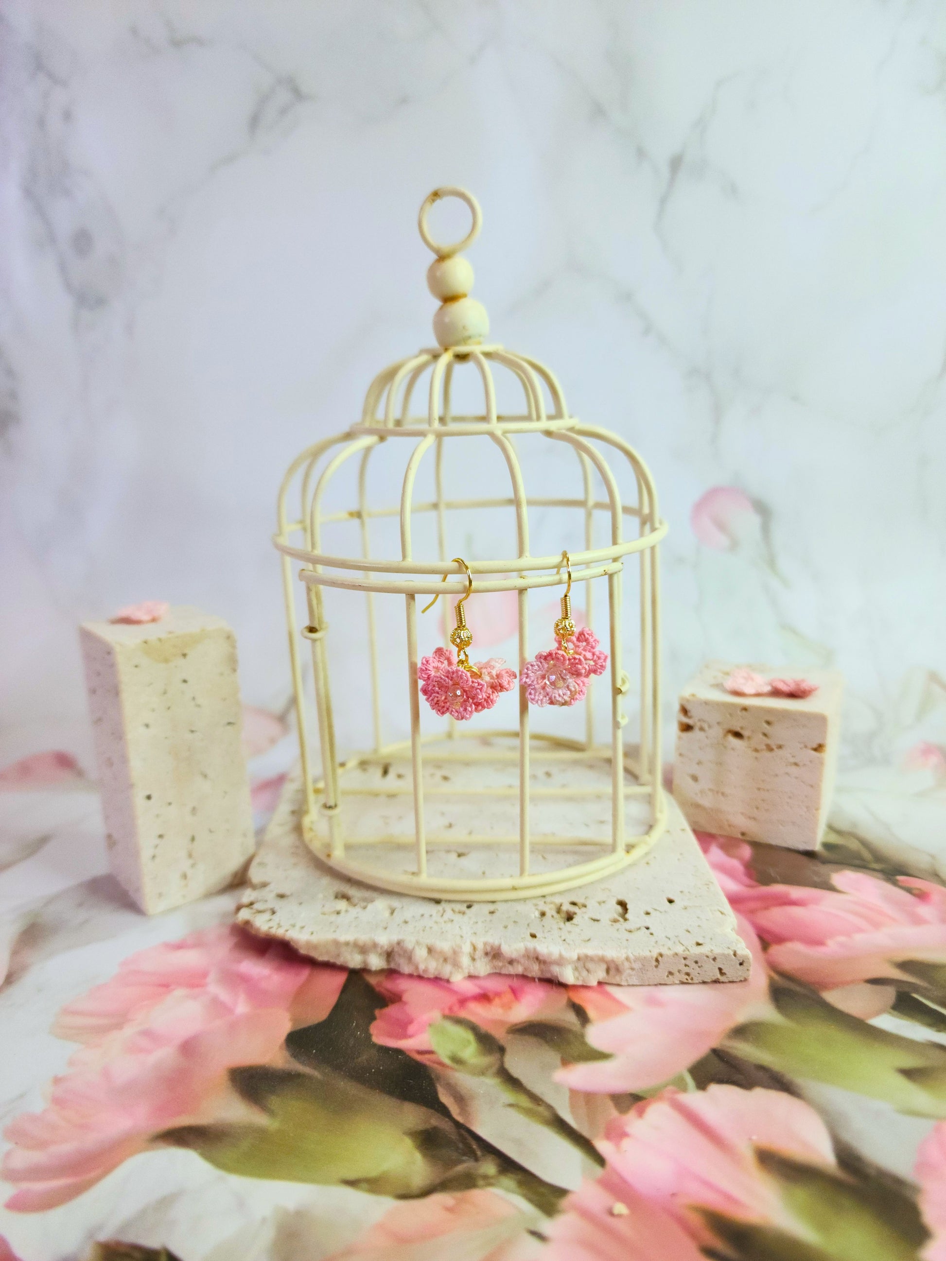 Handcrafted Trio of Sakura blossoms accented with Czech crystals & Miyuki glass beads on 18K gold-plated ear hooks