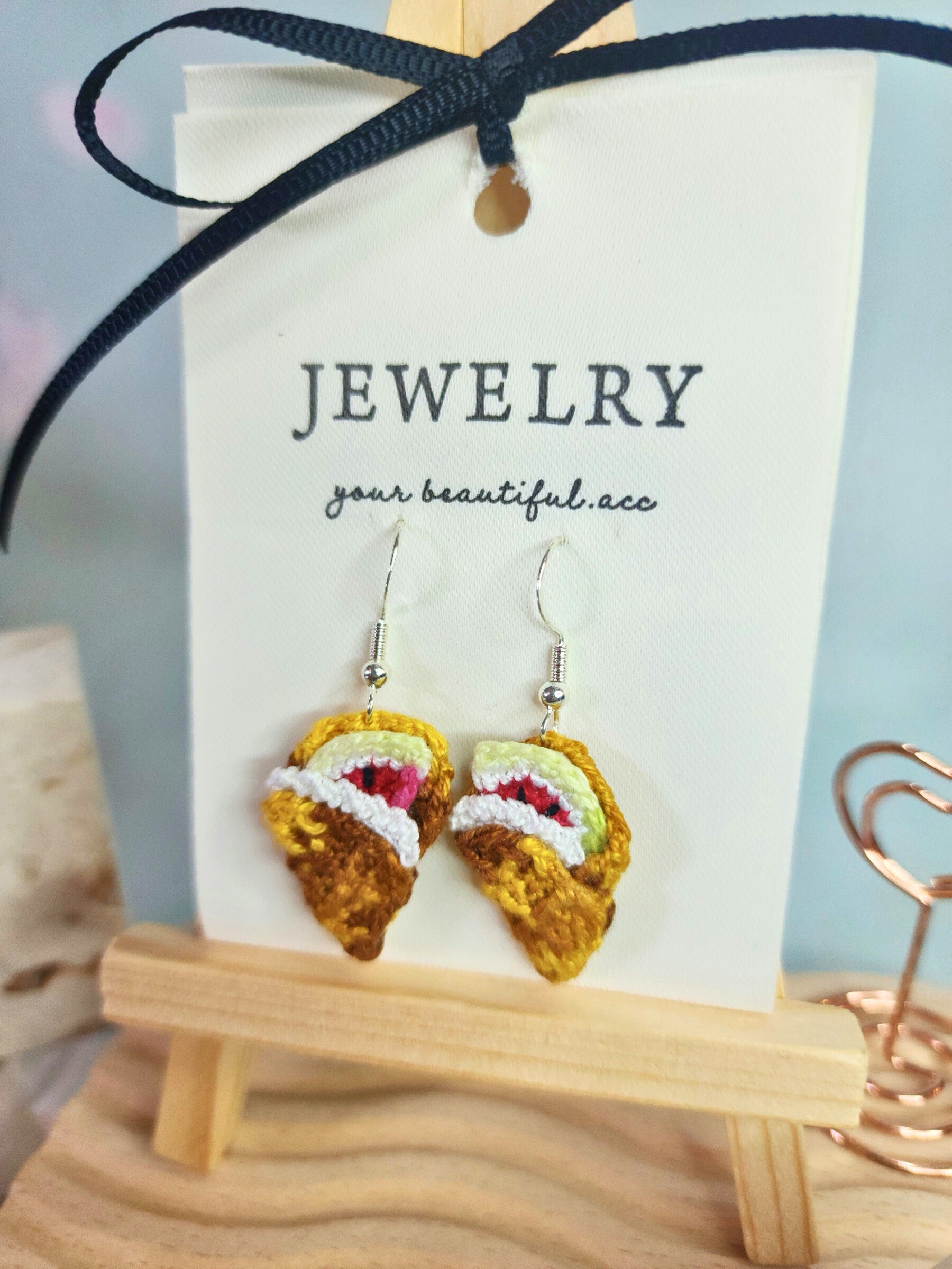 Unique pair of watermelon crepe micro-crochet earrings handcrafted with ultra-fine lace yarn and sterling silver hooks