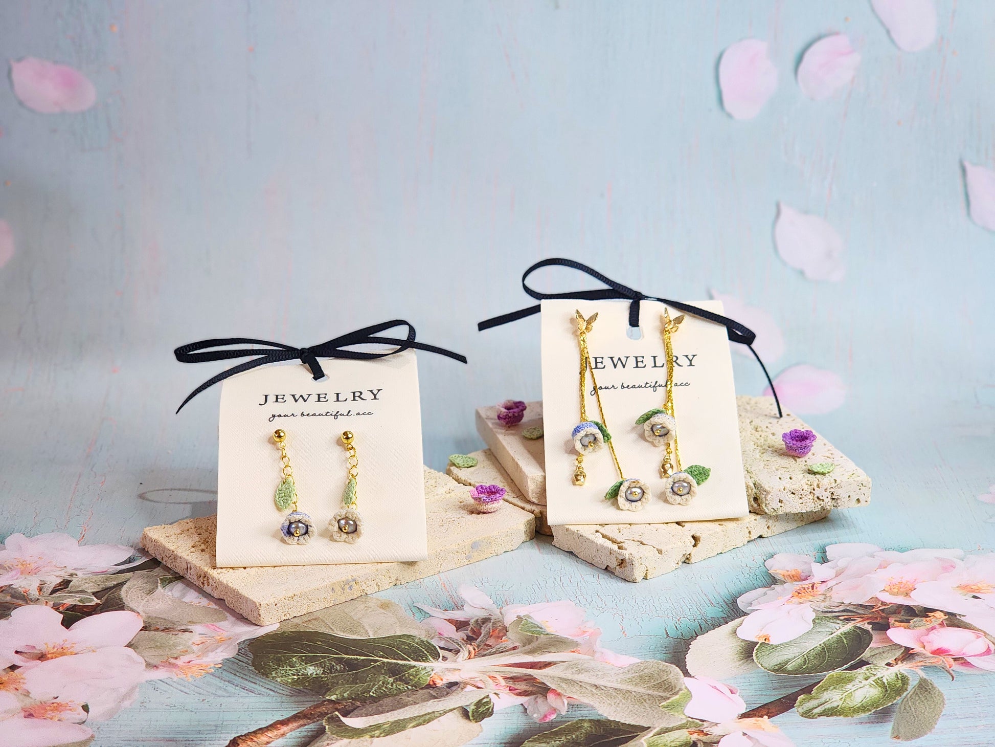 Collection of handcrafted White-blue micro-crochet Lily of the Valley dangle and chandelier earrings. 18K gold-plated studs and chains.