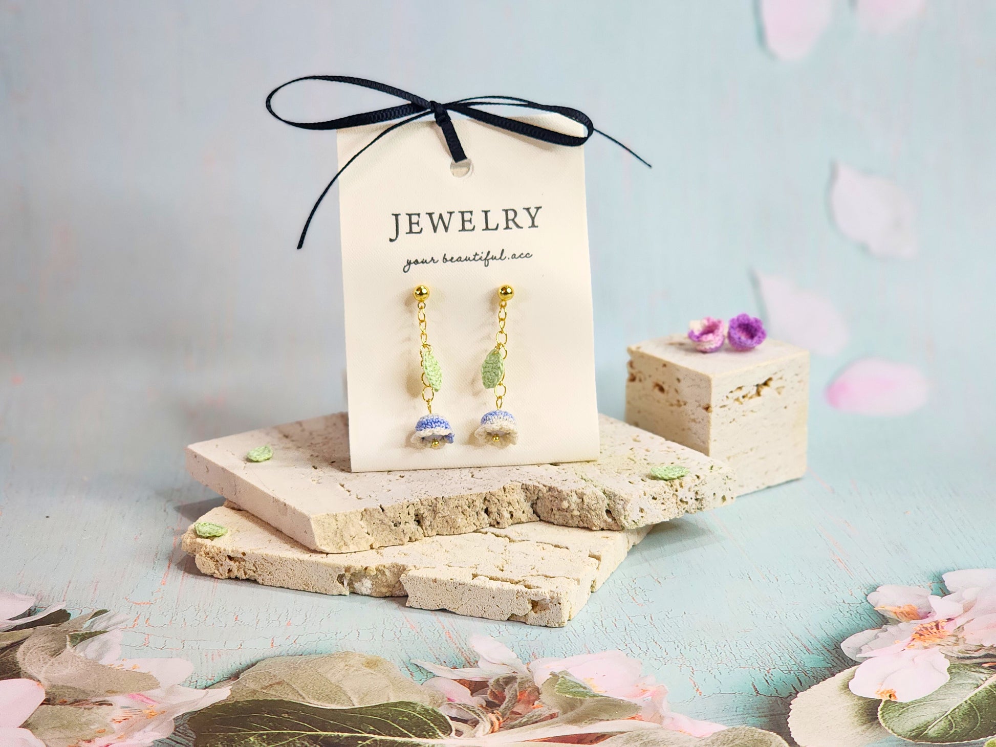 Collection of handcrafted White-blue micro-crochet Lily of the Valley dangle and chandelier earrings. 18K gold-plated studs and chains.