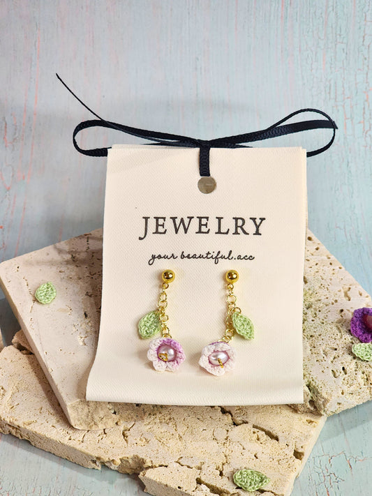 Pink-White Micro-crochet Lily of the Valley with Pearls Earrings