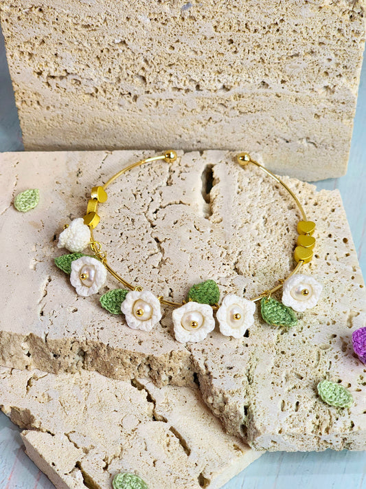 White Micro-crochet Lilies of the Valley with Freshwater Pearls Bangle