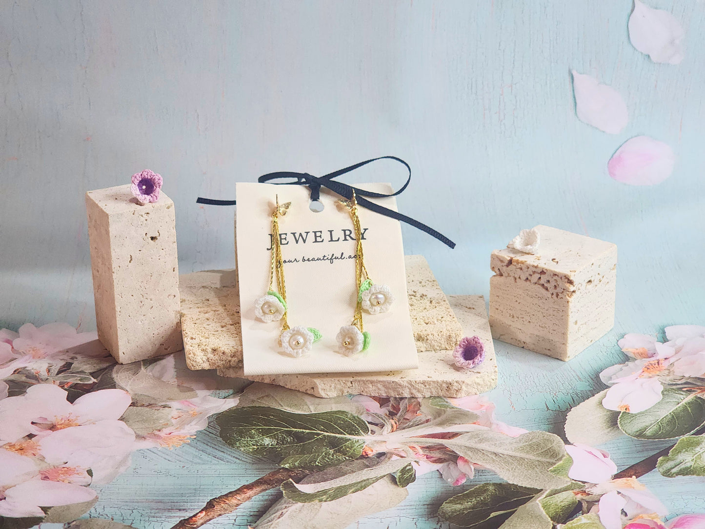 Handcrafted White lily of the Valley with freshwater pearls chandelier earrings, set with 18K gold-plated studs and findings.