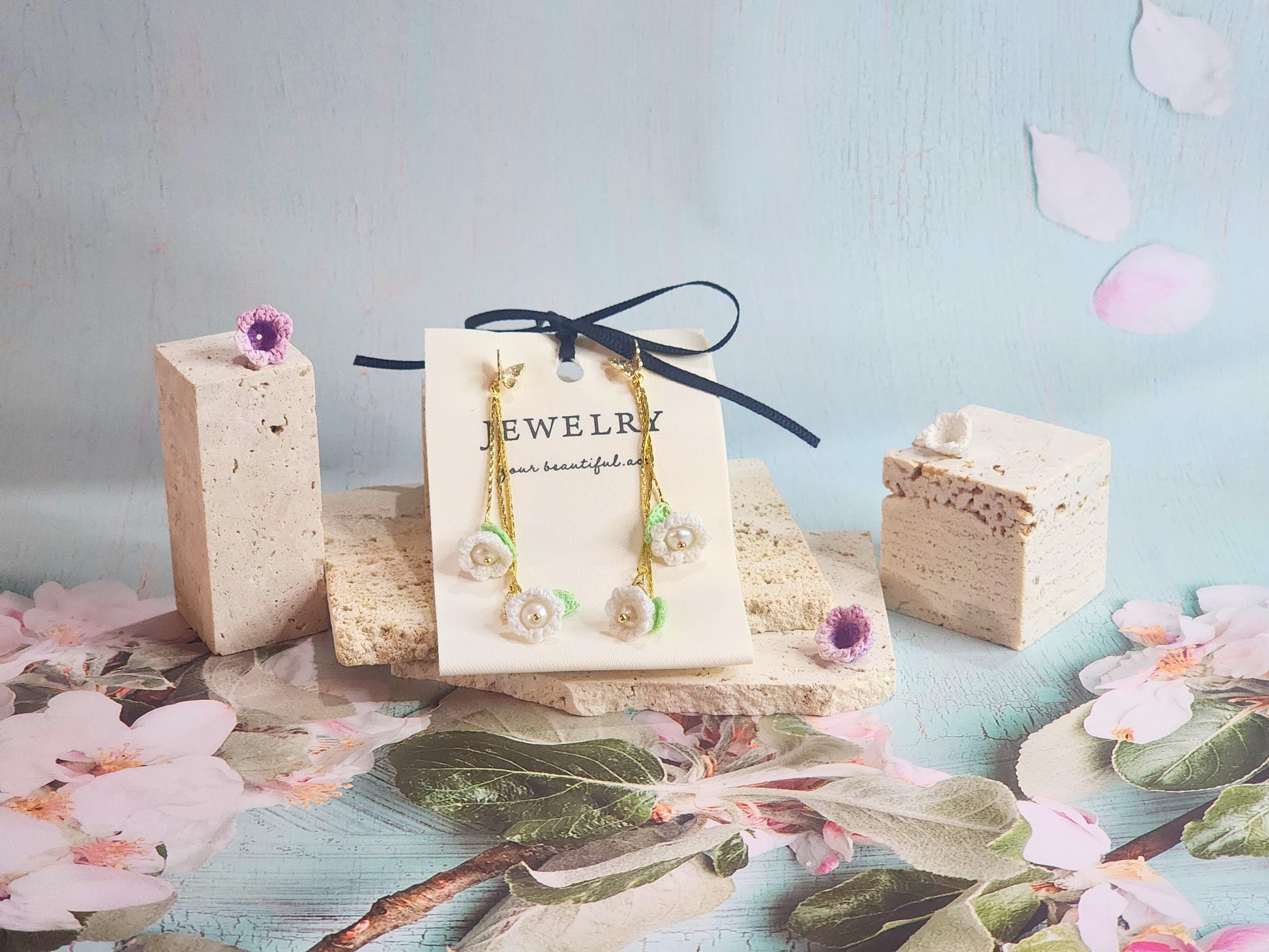 Handcrafted White lily of the Valley with freshwater pearls chandelier earrings, set with 18K gold-plated studs and findings.