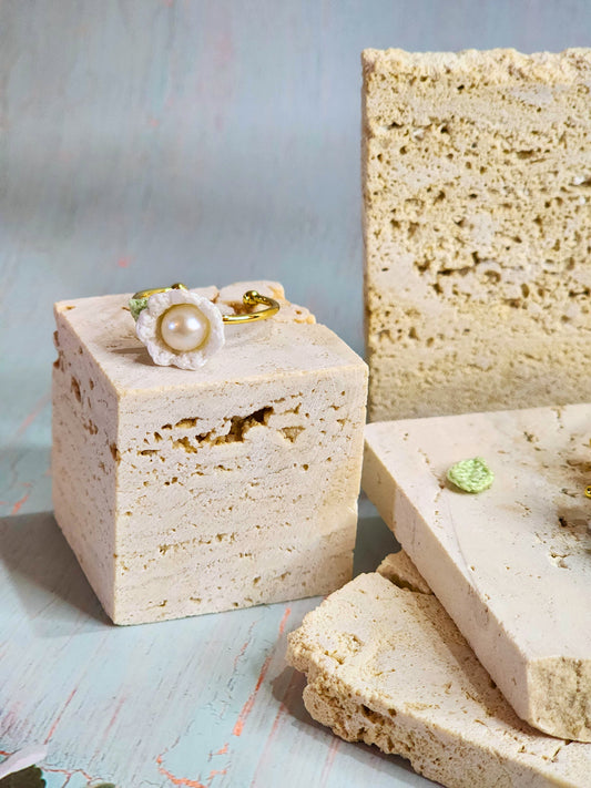 Handcrafted white micro-crochet Lily of the Valley with 6-7mm, nearly round, freshwater pearl ring on 18K gold-plated adjustable ring.