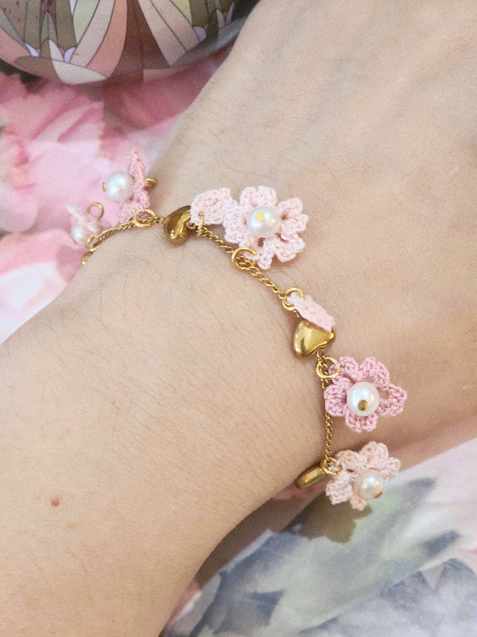 Micro-crochet Sakuras with Pearls Bracelet