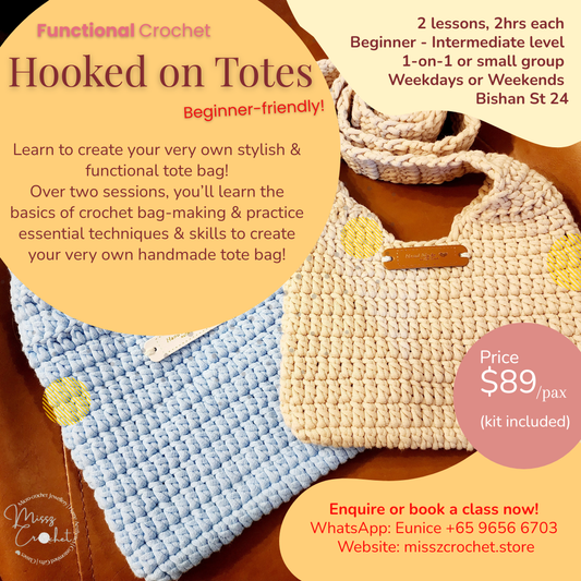 Get hooked with our Tote Bag crochet class! Beginner-friendly, one-on-one/small group, fully guided. Materials included. Home studio Bishan. Enquire or book now!