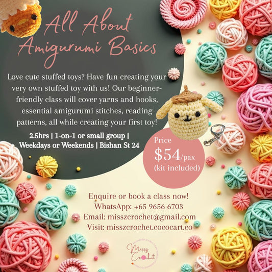 Info sheet detailing an amigurumi basics class teaching all the essential techniques required to crochet stuffed toys