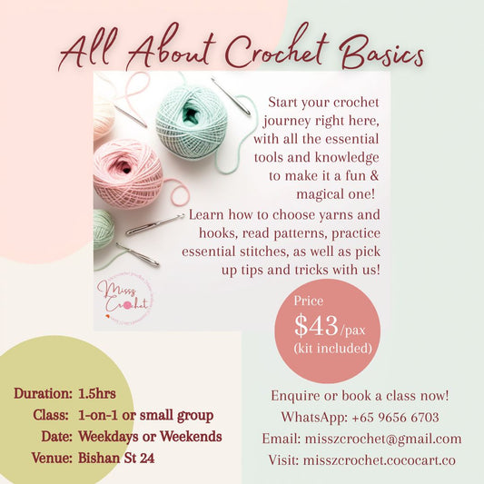 Crochet class info sheet detailing a basics class teaching all the essential knowledge and stitches needed to crochet a variety of projects