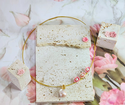 Natural Baroque pearl with handcrafted micro-crochet Sakuras with freshwater Akoya pearls on Japanese gold wire. 