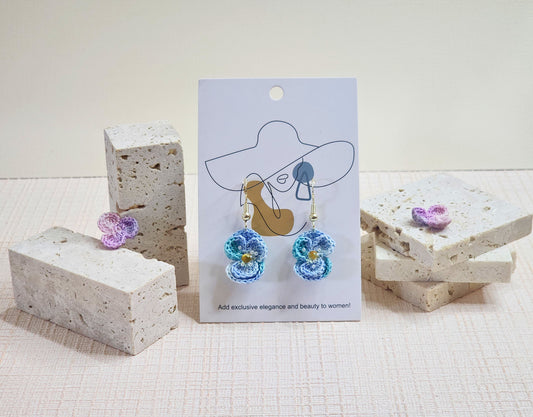 A pair of Blue Poppy with pearl and beads Micro-crochet Drop Earrings