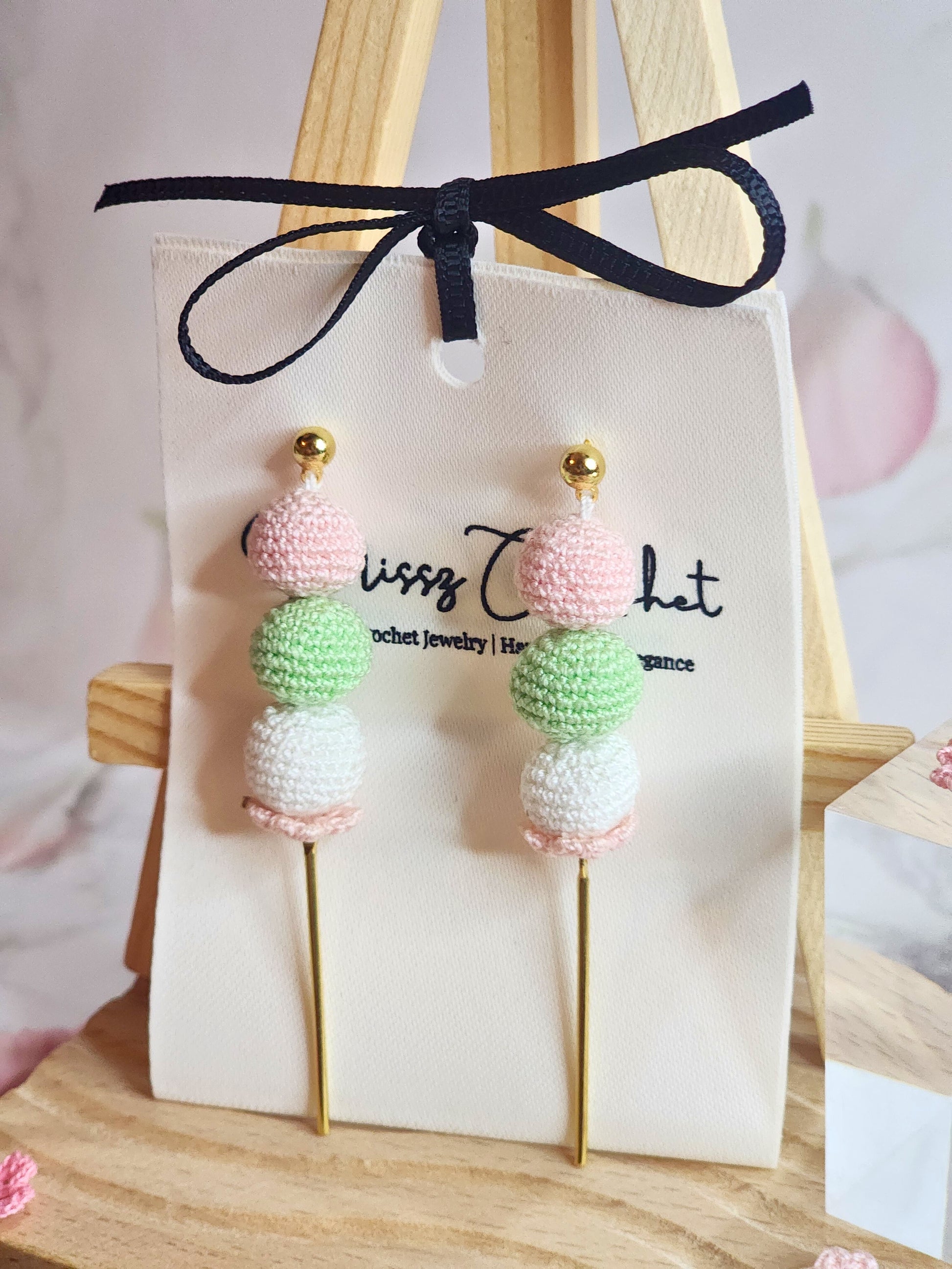 Handcrafted kawaii micro-crochet Dango earrings with 18K gold-plated ear studs & findings. 