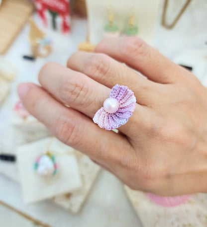 Handcrafted micro-crochet seashell ring with lustrous 6-7mm pink natural freshwater pearl on 14K gold-plated adjustable band