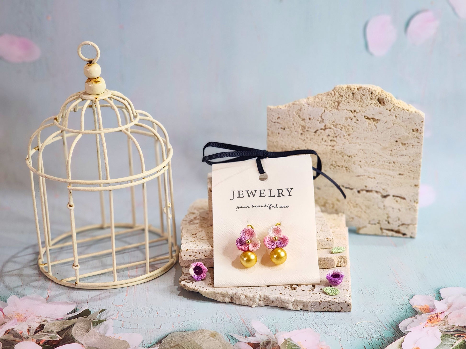 Luxurious dark gold South Sea pearl earrings with handcrafted micro‑crochet florets on 18K gold-plated ear hooks 